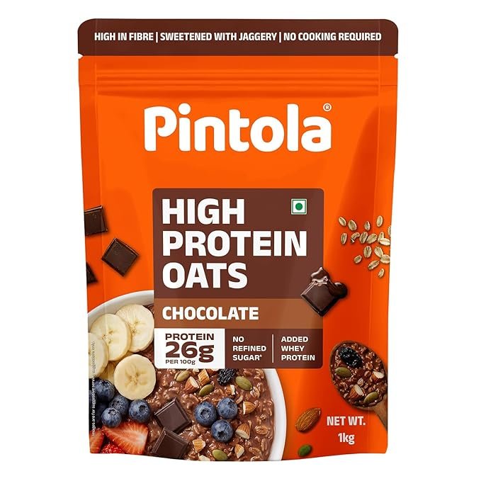 Pintola 26g High Protein Dark Chocolate Oats 1kg, No Refined Sugar, with Almonds, Raisins, Pumpkin & Chia Seeds, 9.6g Fibre, Rolled Oats for Weight management, Breakfast Cereals