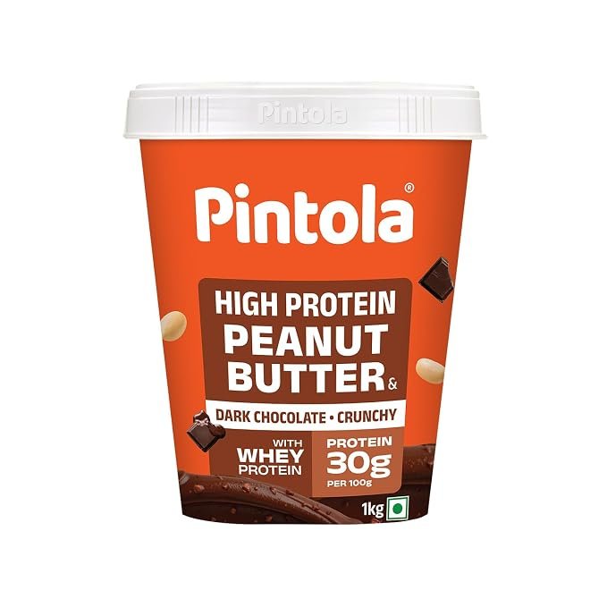 PINTOLA High Protein Peanut Butter Chocolate Flavour Crunchy 1kg, Added WHEY Protein, 30g Protein 6.2g Fiber, Gluten Free, Zero Trans Fat, Dark Chocolate Peanut Butter Spread, Nut Butter Brea