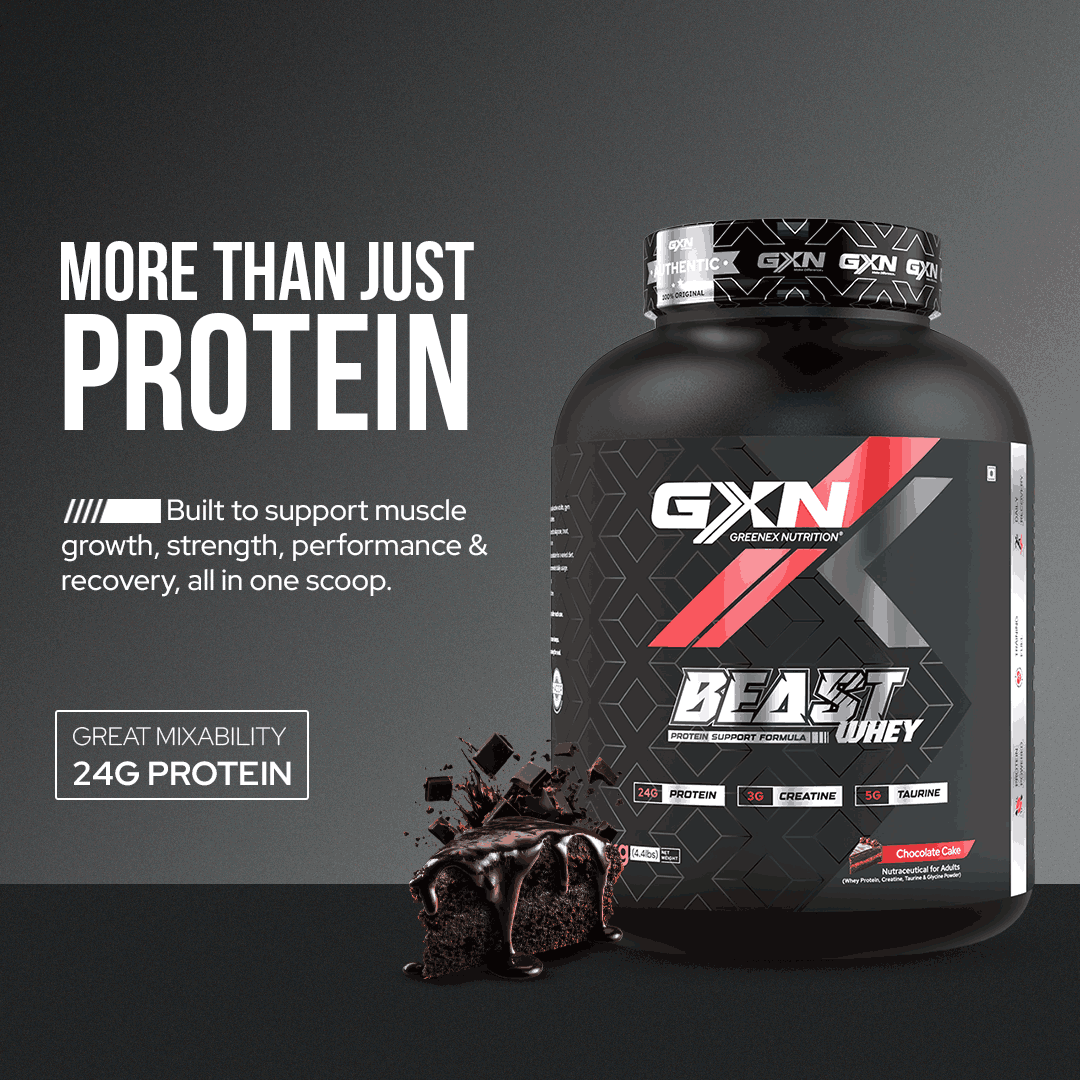 Greenex Nutrition (GXN) Beast Whey 2Kg | Chocolate Cake | Protein Support Formula | Active Nutrition, Strength Formula & Recovery Blend | 48 Servings