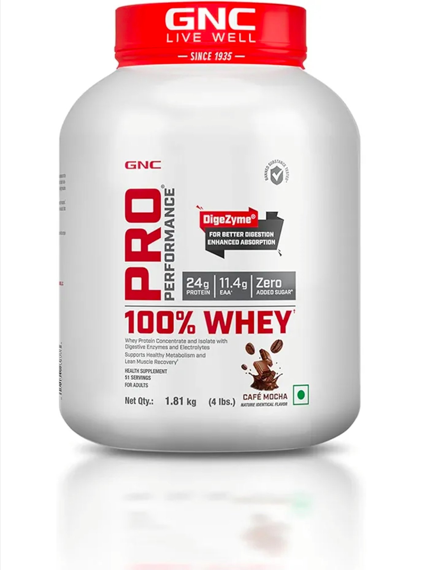 GNC Pro Performance 100% Whey Protein | 4 lbs | Muscle Growth | Muscle Recovery | DigeZyme® For Easy Digestion | Informed Choice Certified | 24g Protein | 5.5g BCAA | 